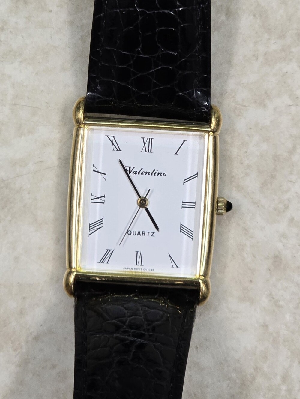 Valentino Gold-Tone Rectangular Case Black Leather Strap Watch